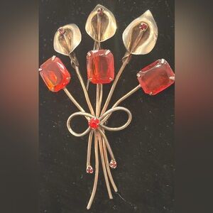 Vintage Red Rhinestone  and Gold Tone Floral Brooch